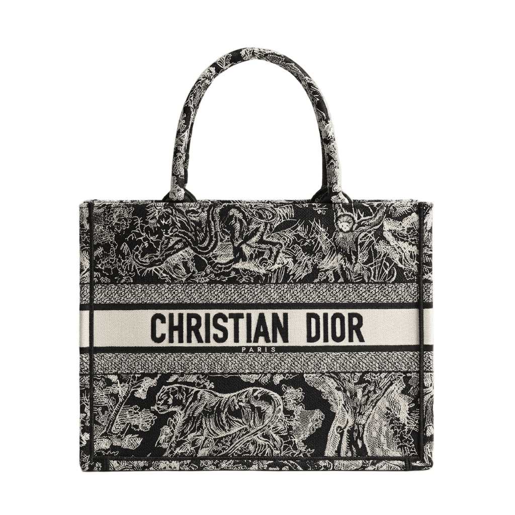 Dior Large Book Tote In Ecru And Black Toile De Jouy Embroidery